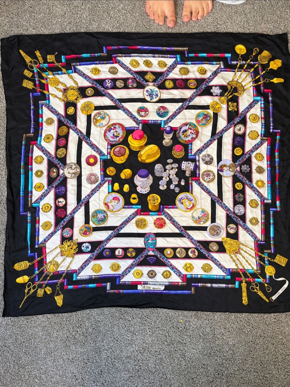 Hermes Black White Gold Multicolor Silk Scarf